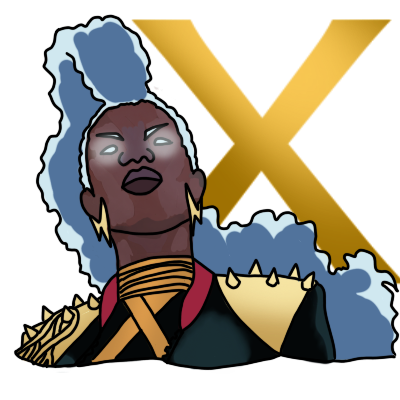 Ororo Munroe from X-Men, aka Storm.  She's a Black woman with glowing white eyes and very long, curly hair in an undercut that looks like a stormcloud.  She's wearing gold lightning bolt earrings, a spiked jacket with a shirt with a gold 'X' in the centre, and gold rings around the bottom half of her neck. behind her is a big gold 'X'